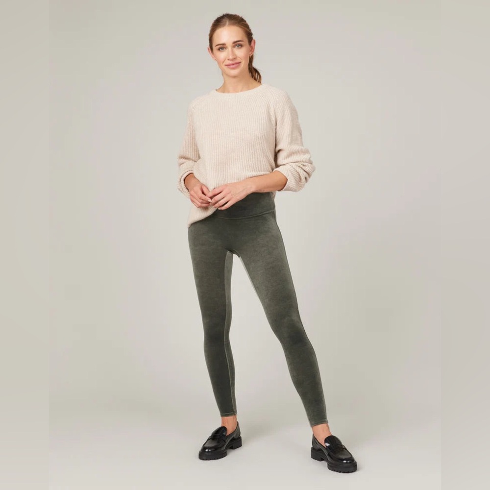 SPANX Olive Green Velvet Leggings Size Medium